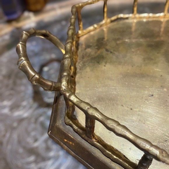 Vintage Brass Tray with Bamboo Design Gallery Edge Old World Hollywood Regency - Picture 3 of 8